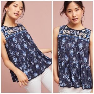 Anthropologie One September Deauville Embroidered Boho Swing Top Blue Size XS